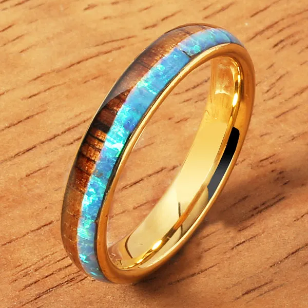 Tungsten Carbide Yellow Gold Plated Natural Koa Wood and Opal Half/Half Oval Wedding Ring 4mm