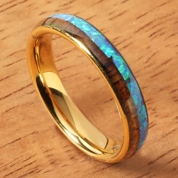Tungsten Carbide Yellow Gold Plated Natural Koa Wood and Opal Half/Half Oval Wedding Ring 4mm