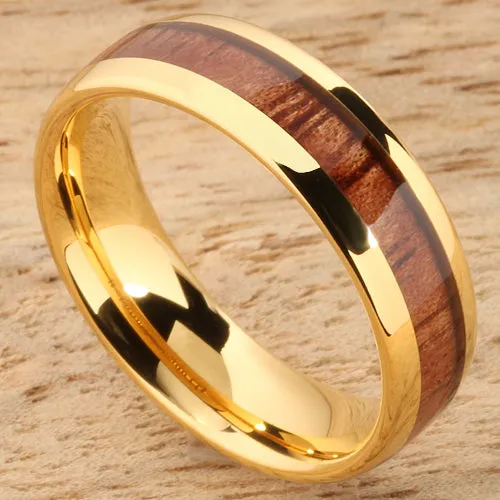 Tungsten Carbide Yellow Gold Plated Natural Koa Wood Oval Wedding Ring 6mm