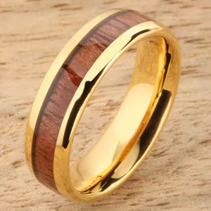 Tungsten Carbide Yellow Gold Plated Natural Koa Wood Oval Wedding Ring 6mm