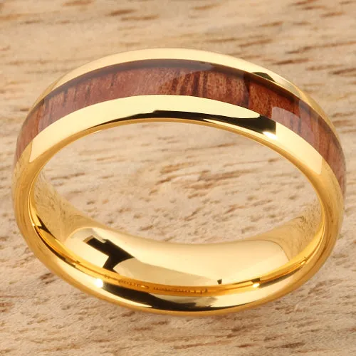 Tungsten Carbide Yellow Gold Plated Natural Koa Wood Oval Wedding Ring 6mm