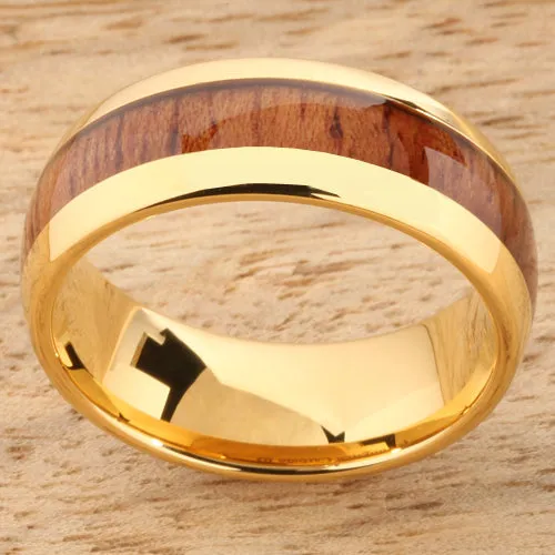 Tungsten Carbide Yellow Gold Plated Natural Koa Wood Oval Wedding Ring 8mm
