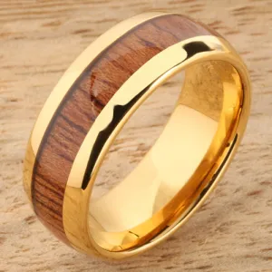 Tungsten Carbide Yellow Gold Plated Natural Koa Wood Oval Wedding Ring 8mm