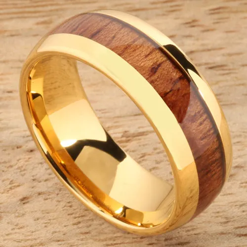 Tungsten Carbide Yellow Gold Plated Natural Koa Wood Oval Wedding Ring 8mm