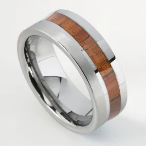 Tungsten Hawaiian Koa Wood Inlaid Flat Brushed Wedding Ring 8mm
