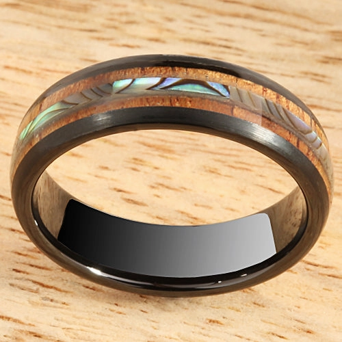 Tungsten Black Iron Plated Natural Koa Wood and Abalone Triple Row Oval Wedding Ring 6mm