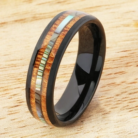 Tungsten Black Iron Plated Natural Koa Wood and Abalone Triple Row Oval Wedding Ring 6mm
