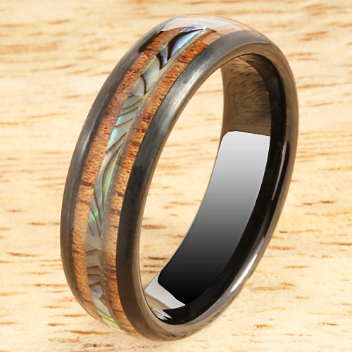 Tungsten Black Iron Plated Natural Koa Wood and Abalone Triple Row Oval Wedding Ring 6mm