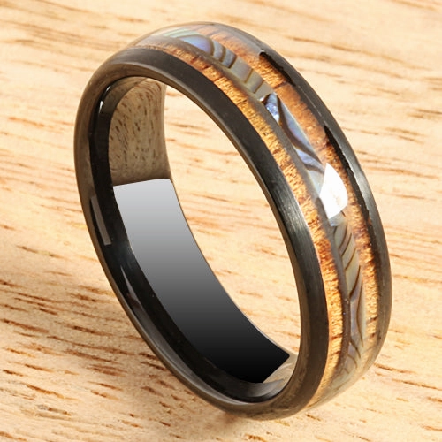 Tungsten Black Iron Plated Natural Koa Wood and Abalone Triple Row Oval Wedding Ring 6mm