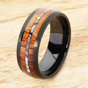 Tungsten Black Iron Plated Natural Koa Wood and Abalone Triple Row Oval Wedding Ring 8mm
