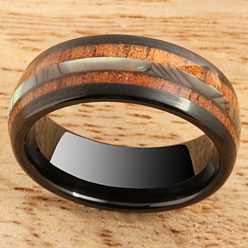Tungsten Black Iron Plated Natural Koa Wood and Abalone Triple Row Oval Wedding Ring 8mm