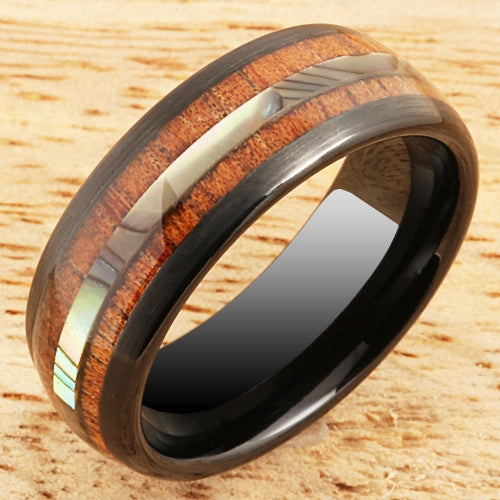 Tungsten Black Iron Plated Natural Koa Wood and Abalone Triple Row Oval Wedding Ring 8mm
