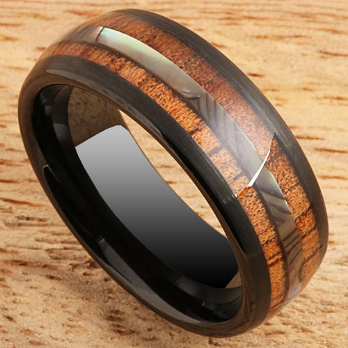 Tungsten Black Iron Plated Natural Koa Wood and Abalone Triple Row Oval Wedding Ring 8mm