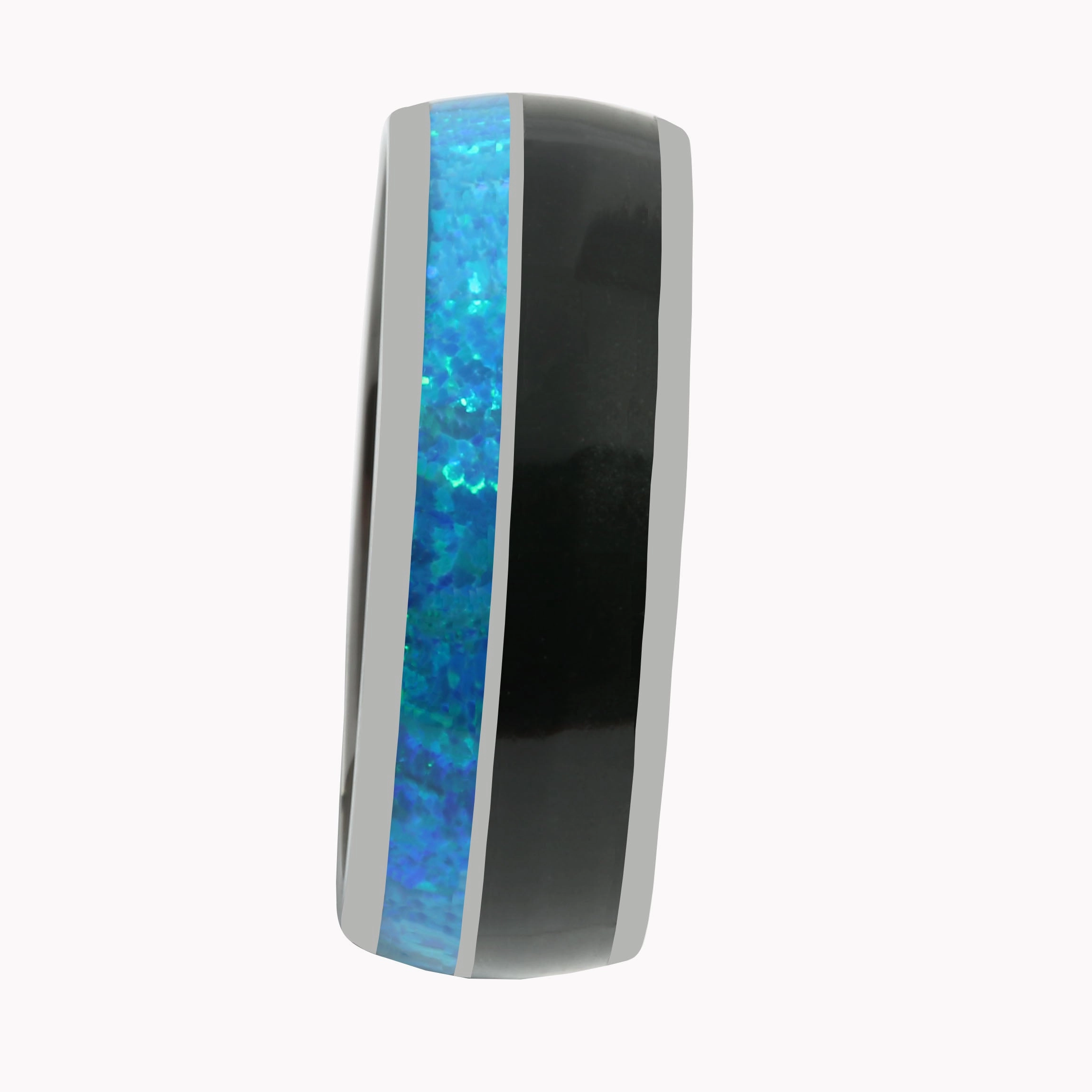 Tungsten Blue Opal and Onyx Inlaid Wedding Ring Barrel 8mm