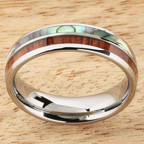 Tungsten Carbide Natural Koa Wood and Abalone Half/Half Oval Wedding Ring 6mm