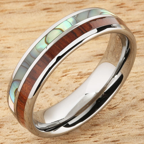 Tungsten Carbide Natural Koa Wood and Abalone Half/Half Oval Wedding Ring 6mm