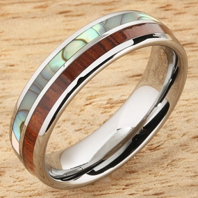 Tungsten Carbide Natural Koa Wood and Abalone Half/Half Oval Wedding Ring 6mm