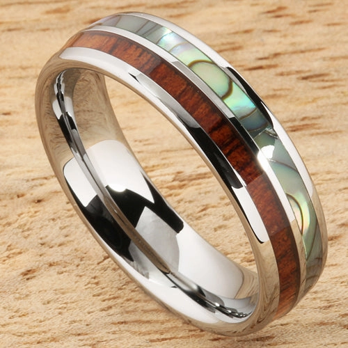 Tungsten Carbide Natural Koa Wood and Abalone Half/Half Oval Wedding Ring 6mm