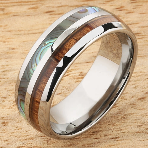 Tungsten Carbide Natural Koa Wood and Abalone Half/Half Oval Wedding Ring 8mm