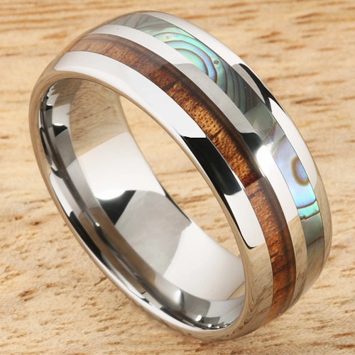 Tungsten Carbide Natural Koa Wood and Abalone Half/Half Oval Wedding Ring 8mm
