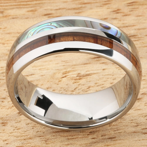 Tungsten Carbide Natural Koa Wood and Abalone Half/Half Oval Wedding Ring 8mm
