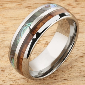 Tungsten Carbide Natural Koa Wood and Abalone Half/Half Oval Wedding Ring 8mm