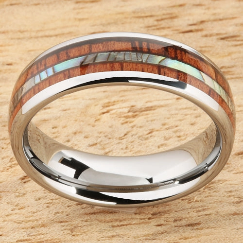 Tungsten Carbide Natural Koa Wood and Abalone Triple Row Oval Wedding Ring 6mm