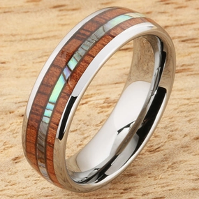 Tungsten Carbide Natural Koa Wood and Abalone Triple Row Oval Wedding Ring 6mm