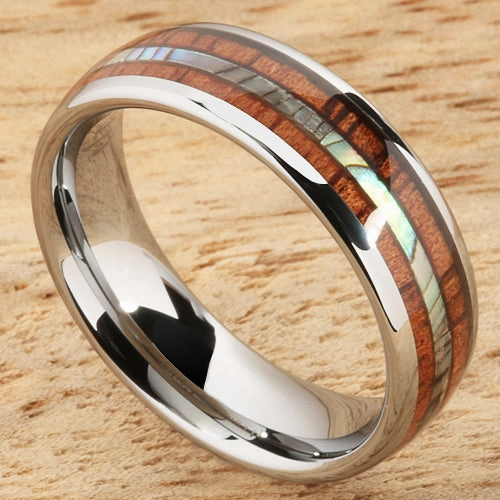 Tungsten Carbide Natural Koa Wood and Abalone Triple Row Oval Wedding Ring 6mm
