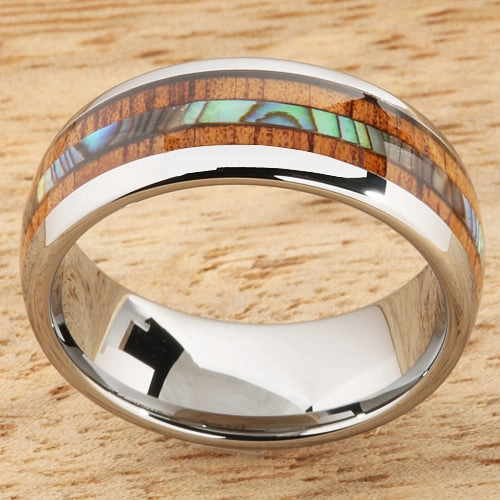 Tungsten Carbide Natural Koa Wood and Abalone Triple Row Oval Wedding Ring 8mm