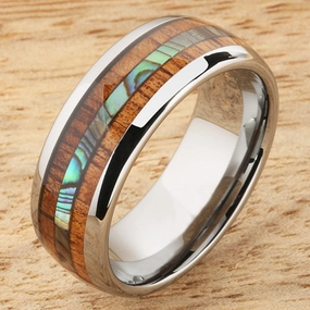 Tungsten Carbide Natural Koa Wood and Abalone Triple Row Oval Wedding Ring 8mm