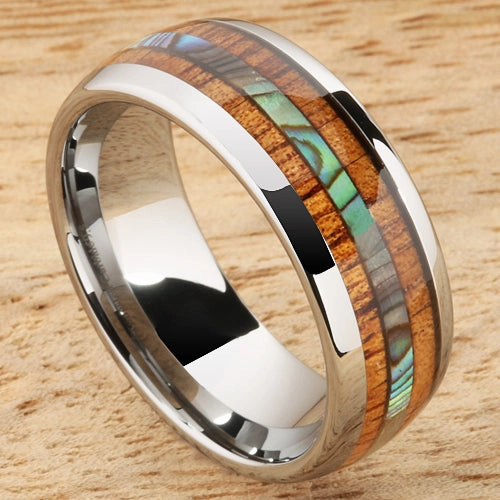 Tungsten Carbide Natural Koa Wood and Abalone Triple Row Oval Wedding Ring 8mm