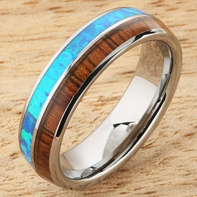 Tungsten Carbide Natural Koa Wood and Opal Half/Half Oval Wedding Ring 6mm