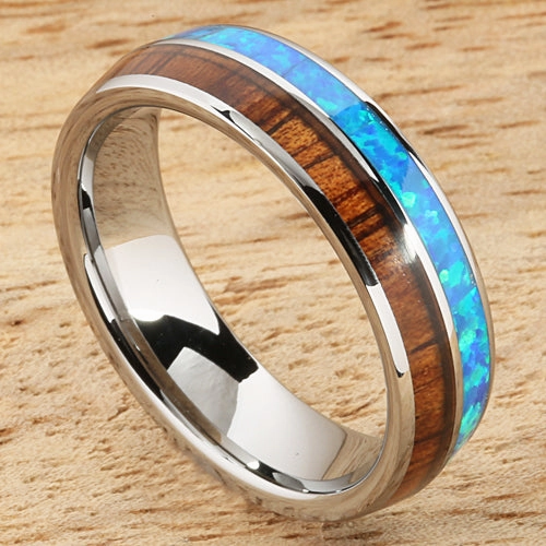 Tungsten Carbide Natural Koa Wood and Opal Half/Half Oval Wedding Ring 6mm