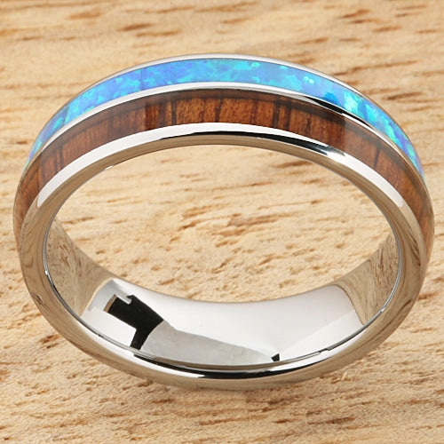 Tungsten Carbide Natural Koa Wood and Opal Half/Half Oval Wedding Ring 6mm