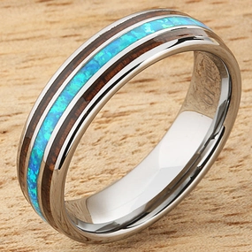 Tungsten Carbide Natural Koa Wood and Opal Triple Row Oval Wedding Ring 6mm