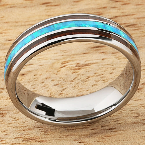 Tungsten Carbide Natural Koa Wood and Opal Triple Row Oval Wedding Ring 6mm