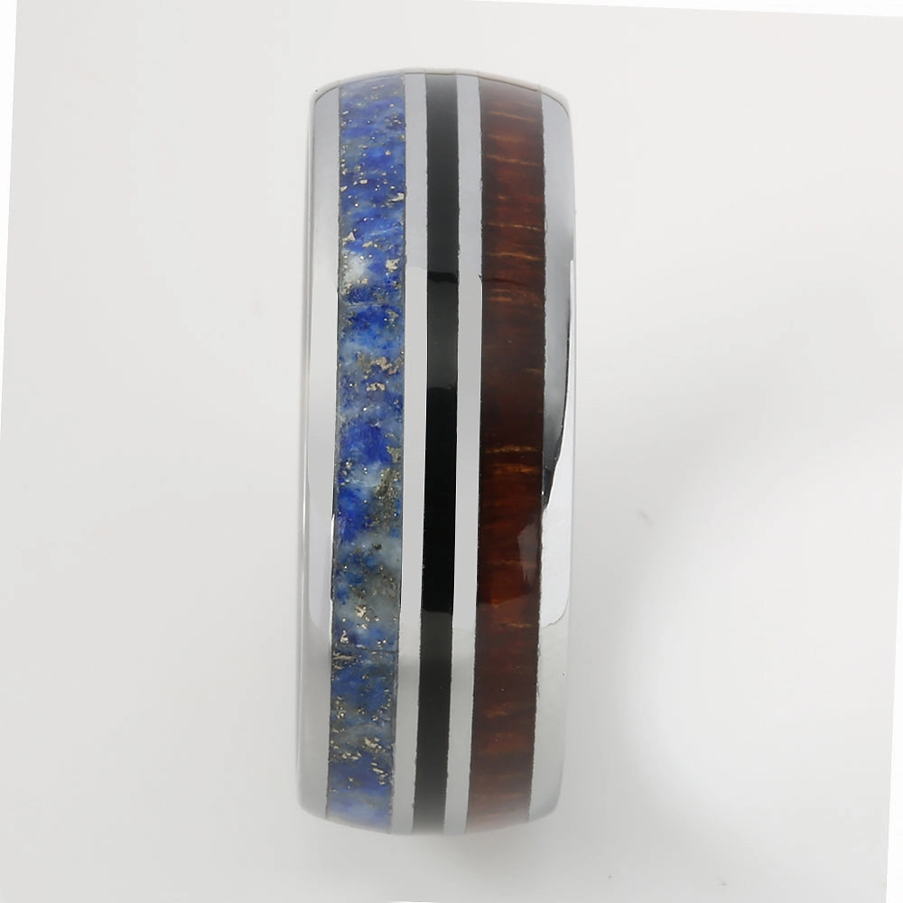 Tungsten Hawaiian Koa Wood and Lapis Lazuli Inlaid Triple Row Oval Wedding Ring 8mm