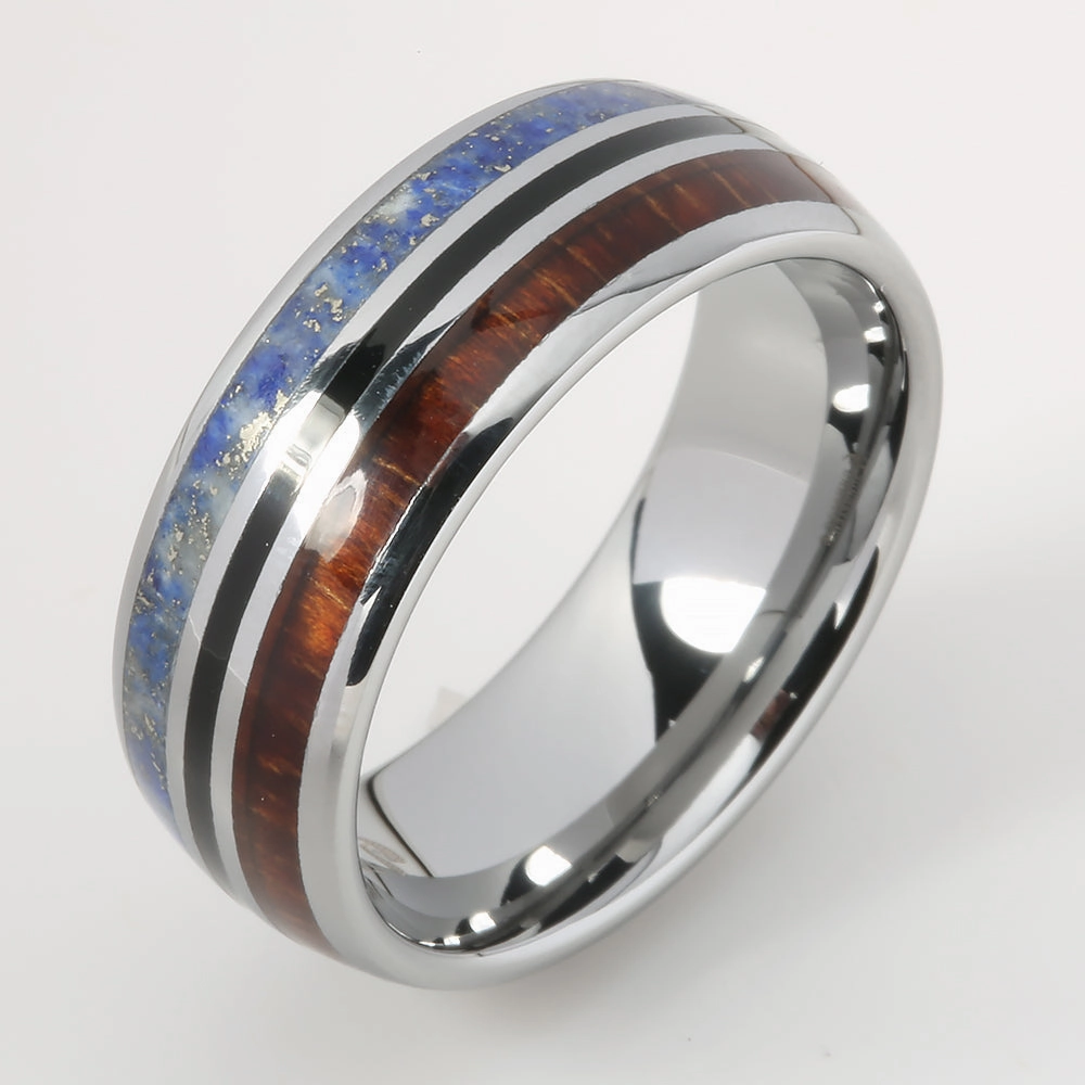 Tungsten Hawaiian Koa Wood and Lapis Lazuli Inlaid Triple Row Oval Wedding Ring 8mm