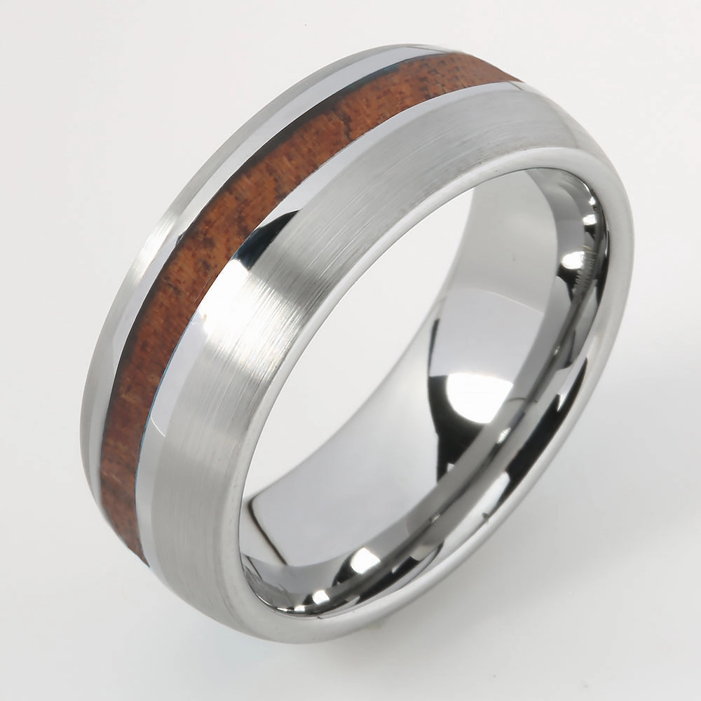 Tungsten Hawaiian Koa Wood Inlaid Oval Brushed Wedding Ring 8mm