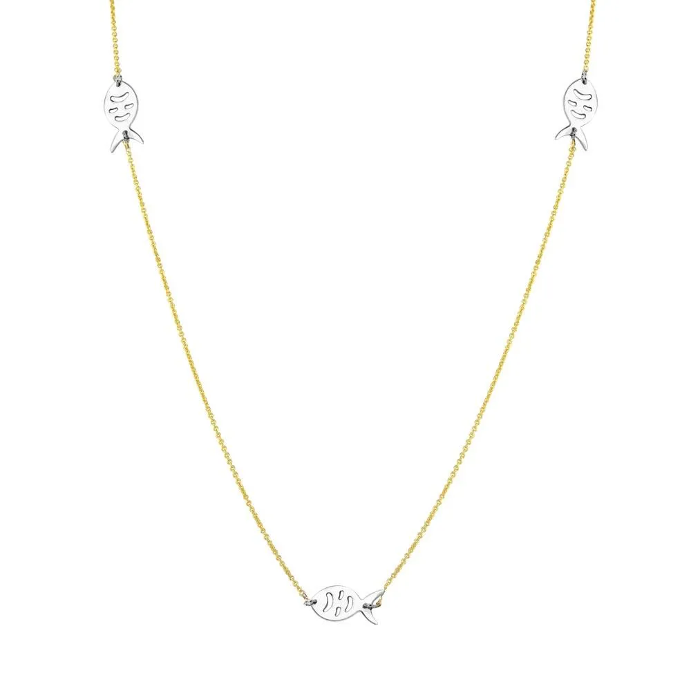 Two-Tone 925 Sterling Silver Gold Plated 5 Fish 34 Inches Necklace - DIN00023GP
