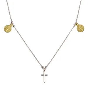 Two-Tone 925 Sterling Silver Rhodium Gold Plated Cross With Religious Charms Necklace - ARN00049RH-GP