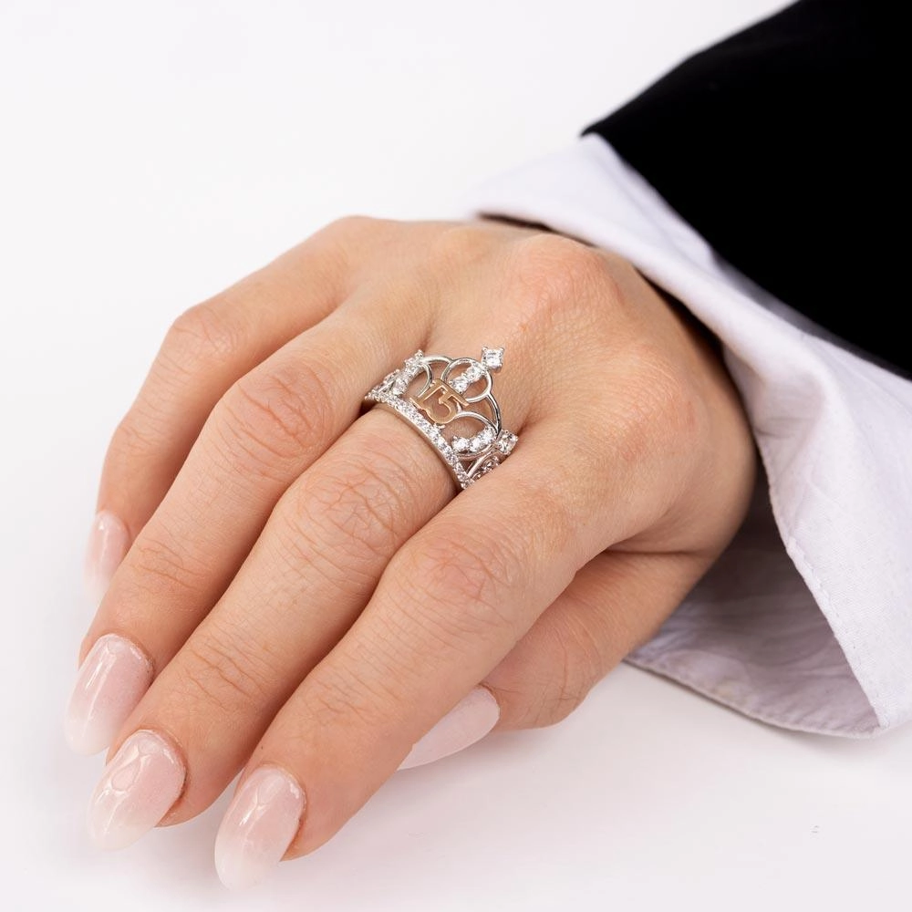 Two-Tone 925 Sterling Silver CZ Quinceanera Crown Ring - GMR00304RHR
