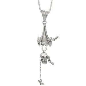Unique Gothic Necklace Skull & Upside Down Bat Sterling Silver