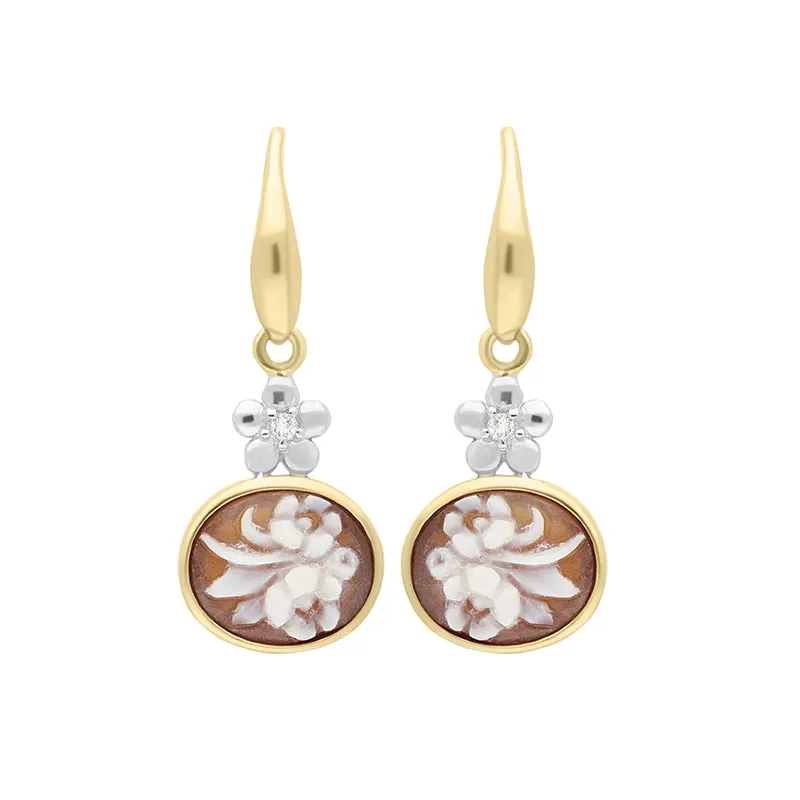 Yellow Gold Plated Sterling Silver Cubic Zirconia Cameo Oval Flower Drop Earrings D